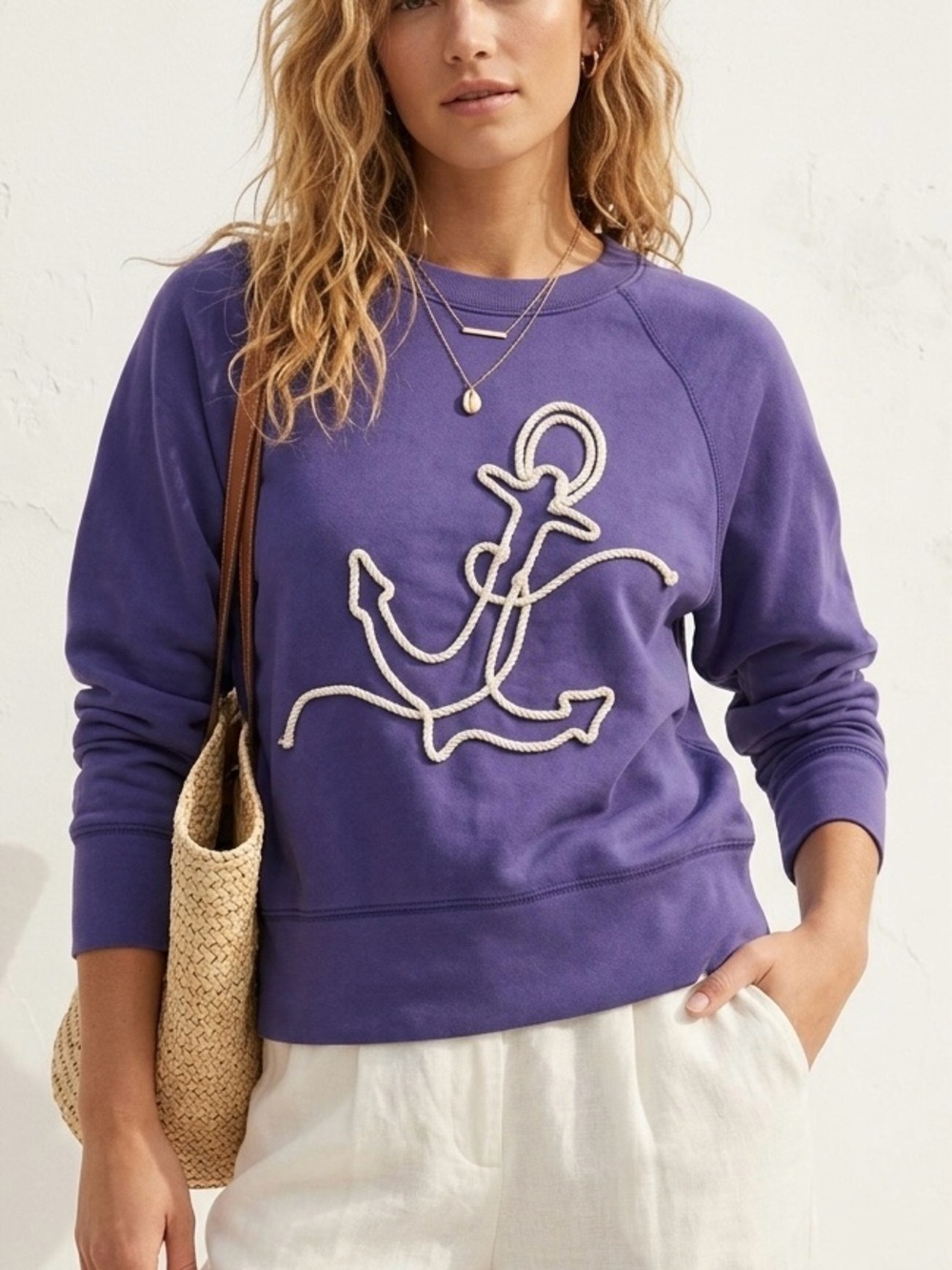 J.Crew Summer Anchor Rope Applique Crop Sweatshirt XS Purple Cottagecore